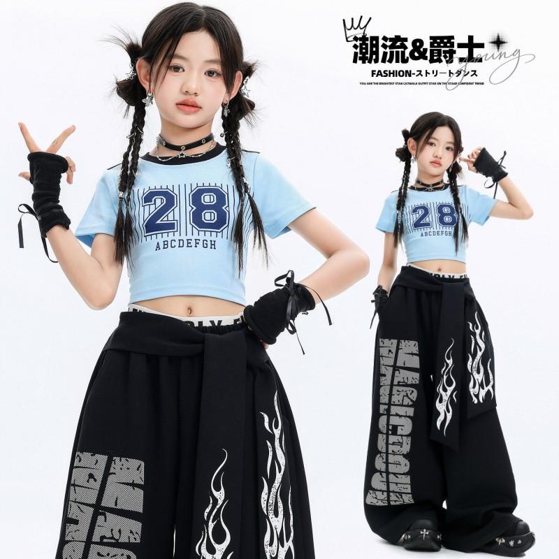 Girls Jazz Dance Costume Kids Sweet Cool Stage Performance Outfit Short Sleeve Top Pants Set