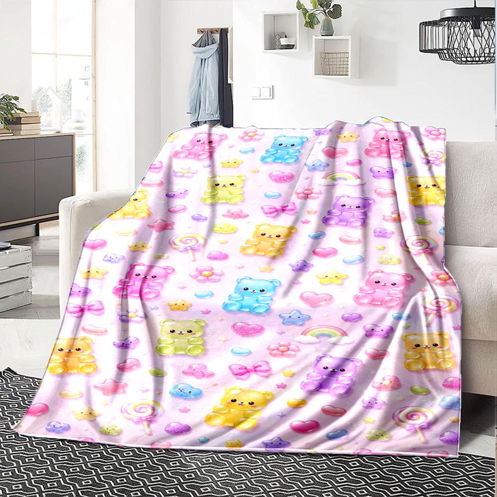 Rainbow Gummy Bear Print Flannel Blanket High Quality Warm Comfortable Cover for All Seasons Perfect for Gifts Home Decor