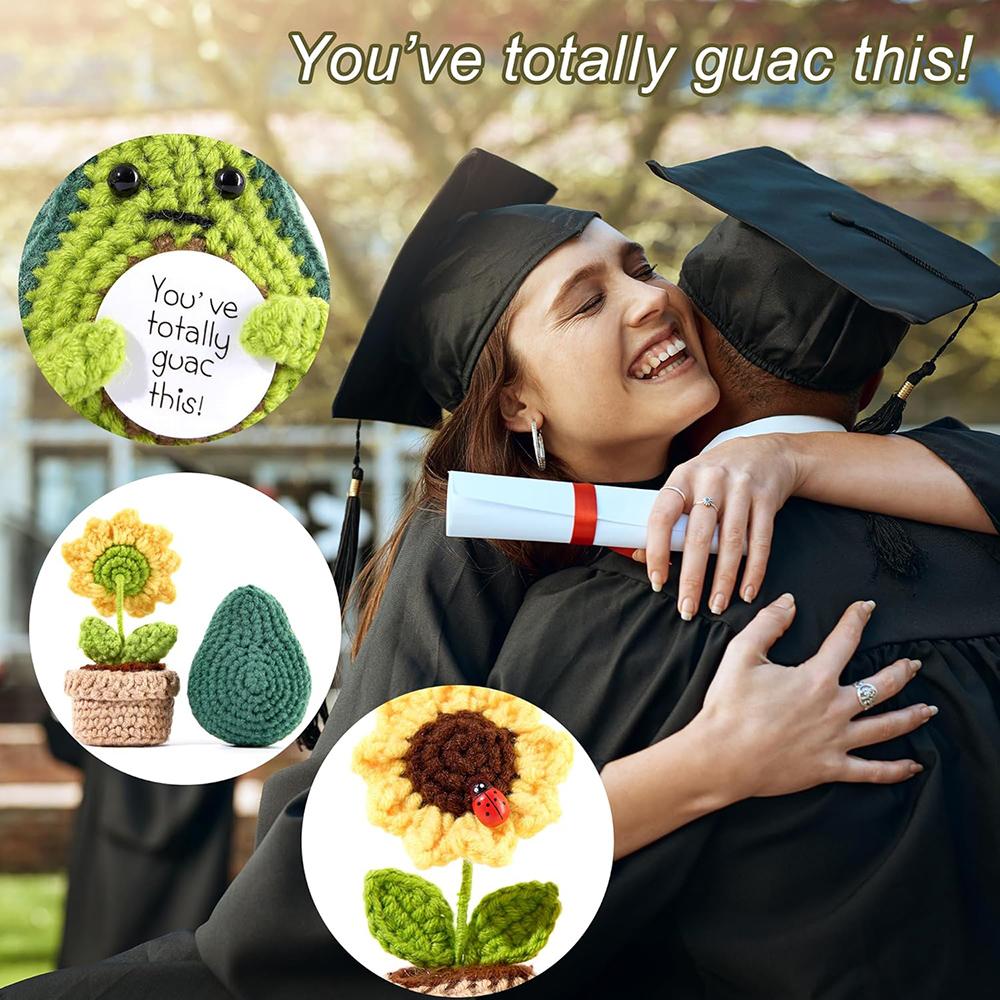 Handmade Knitted Emotional Support Avocado Doll With Card and Sunflower Pot Home Room Decoration Crochet Avocado Christmas Gifts