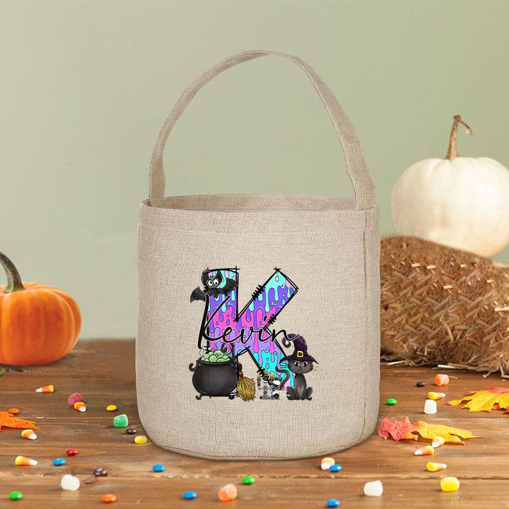 Персонализированный мешок для сладостей с именем 'Trick or Treat Bagm', Подарок на Хэллоуин, Ведерко для конфет на Хэллоуин, Подарочная корзина на Хэллоуин, Сумка с монограммой