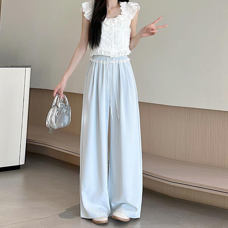 Lace-edged Ice Silk Wide-leg Pants Women's Summer Thin High-waisted Thin Loose-fitting Straight-leg Pants Casual Mopping Pants
