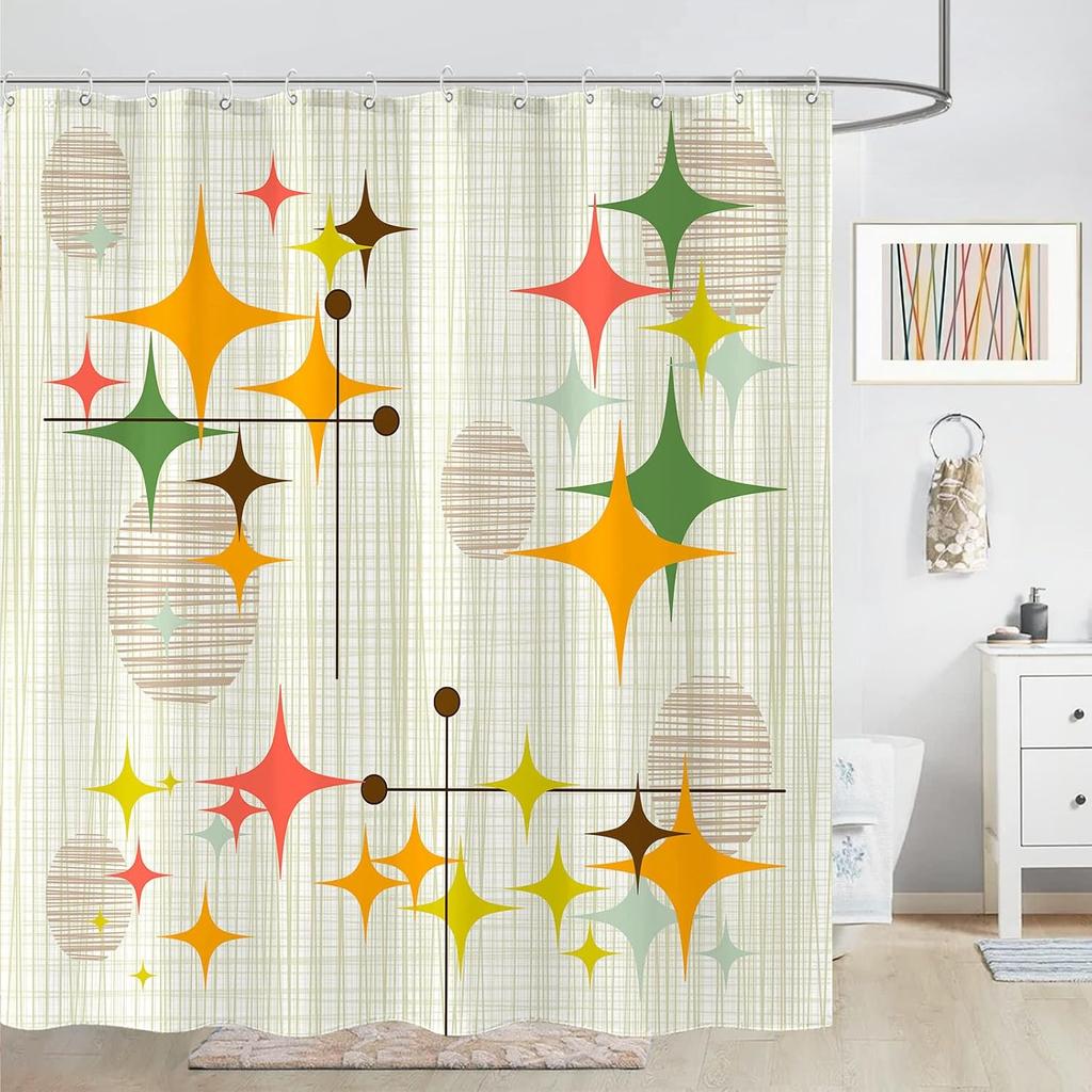 Шторка для душа в стиле Mid Century Modern, ретро-звезды, абстрактное бохо-искусство, 72x72 дюйма, водонепроницаемый, винтажный декор для ванной комнаты с крючками, желтый