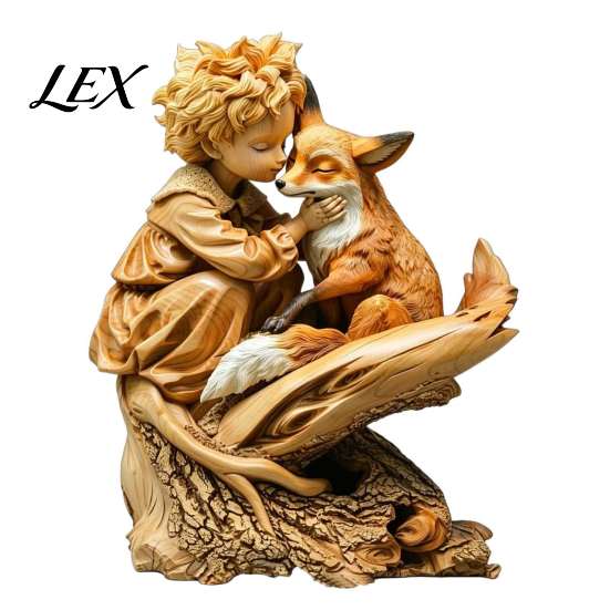 Decorative Tabletop Figurines Fairy Tale Little Boy and Fox Wooden Figurine, Rustic Desktop Statue, Artistic Carved Holiday Window Decorations