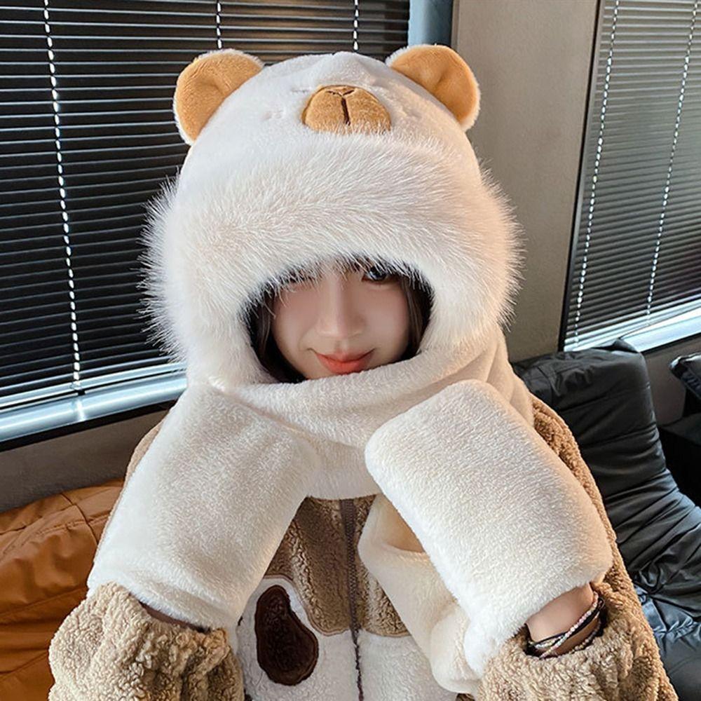 Panda Capybara Hat Scarf Set 3 In 1 Cartoon Plush Hat Earmuff Scarf Hat Glove for Women Lady