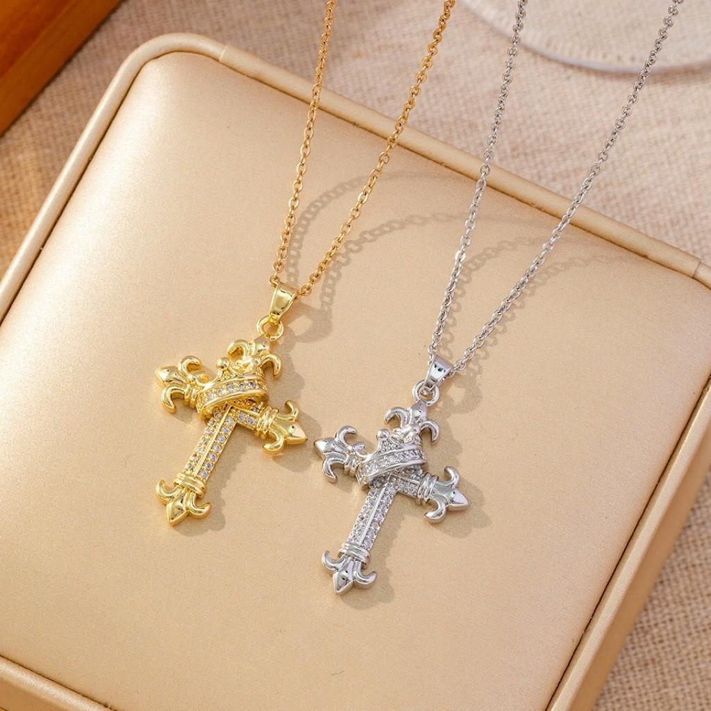 Carved Rhinestone Cross Pendant Necklace Retro Fashion Chain Jewelry Unisex