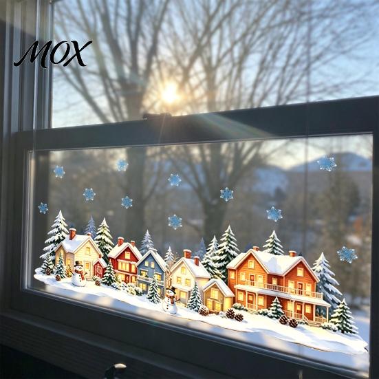 Christmas Window Clings Snow Village Static Cling, Glowing Warm Scenery Sticker Waterproof PVC Film for Glass, Snowman House Winter Decor Balcony DIY