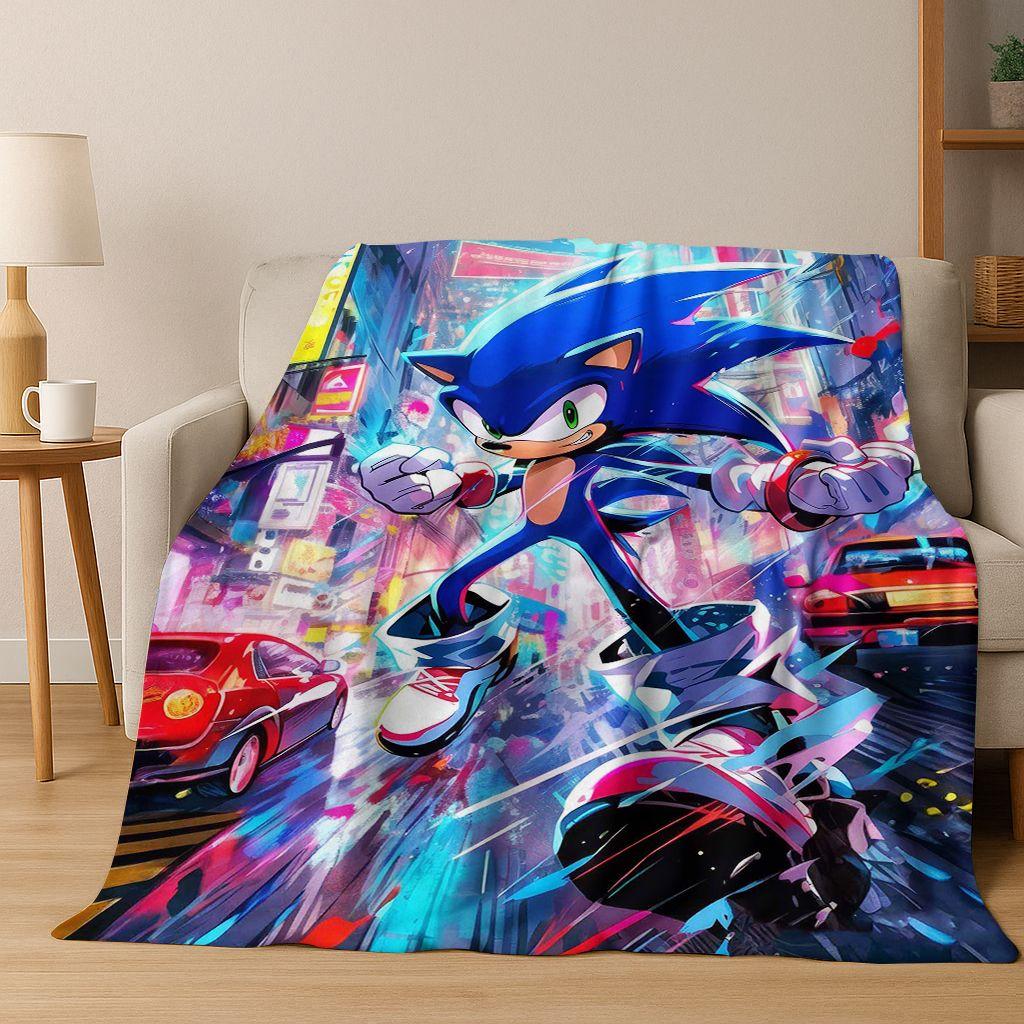 3D S-Sonic Cartoon Hedgehog Game Flannel Blanket Soft Warm Throw Blanket for Bed Bedroom Living Room Travel Picnic Gift Kids