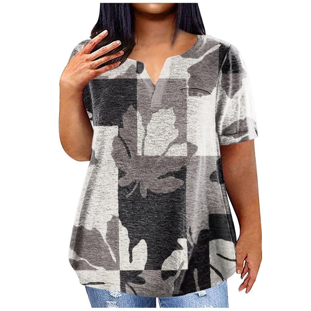 Women's Large T-shirt Summer Casual Print V-neck Short Sleeve Pocket Top