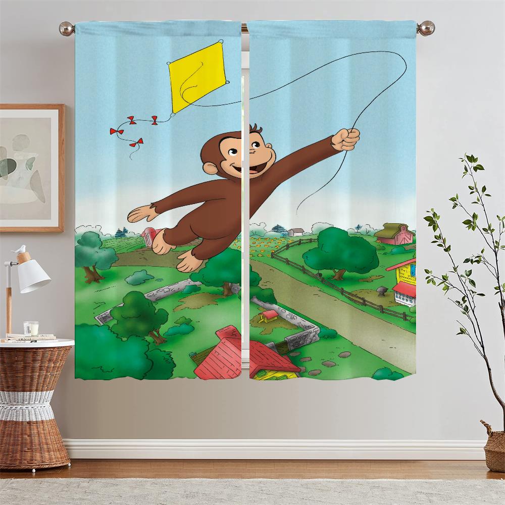 Curious Monkey Kitchen Curtains 2 Pieces Window Curtains Home Chiffon Curtain Tiebacks Blackout Blind Living Room Curtain Blinds