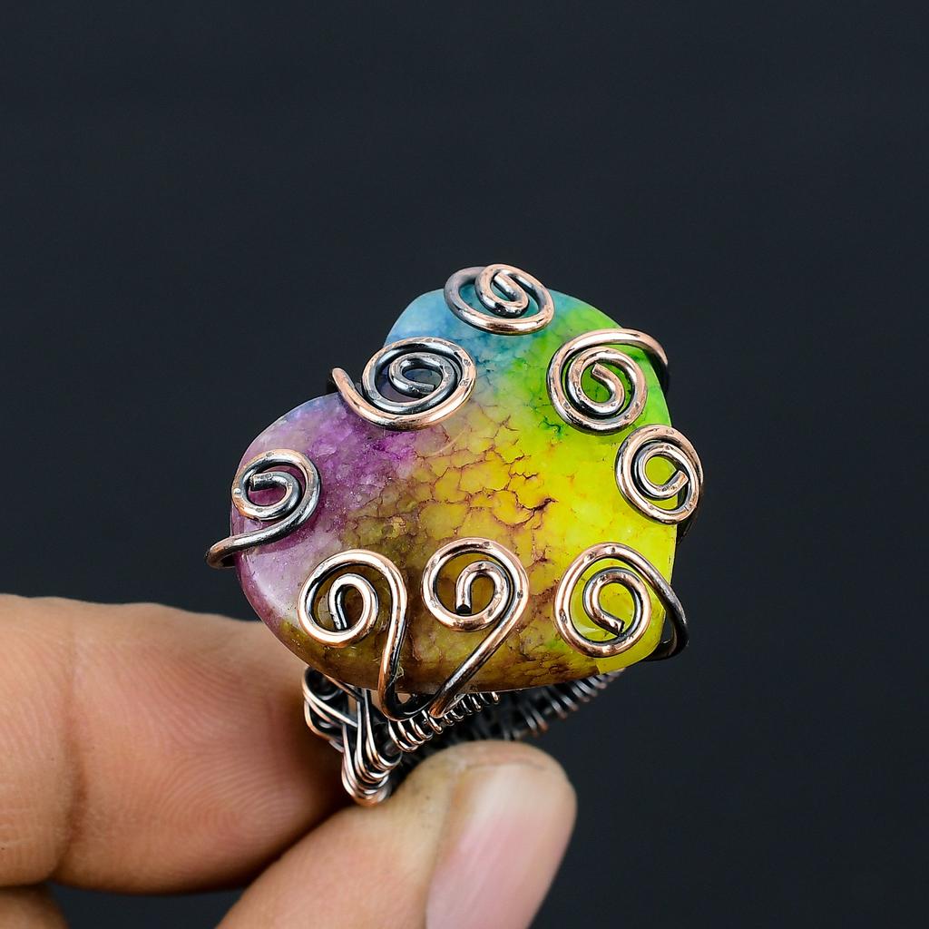 Natural Rainbow Solar Quartz Gemstone Handmade Copper Wire Wrap Ring S.7.5 F2n61