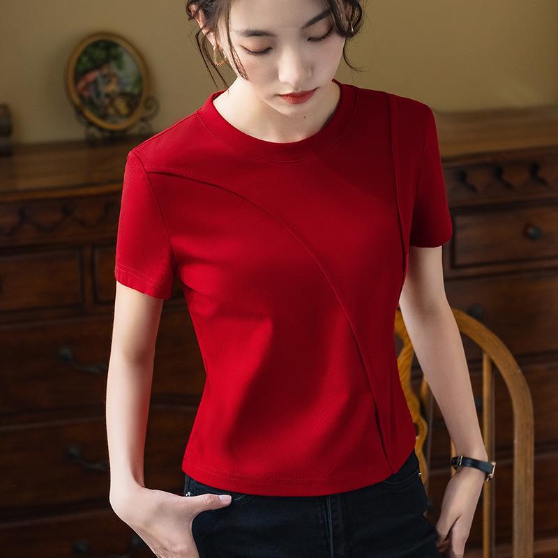 Short-sleeved T-shirt for Women's Summer New Women's Solid Color Round Neck Cotton T-shirt Design Short Top