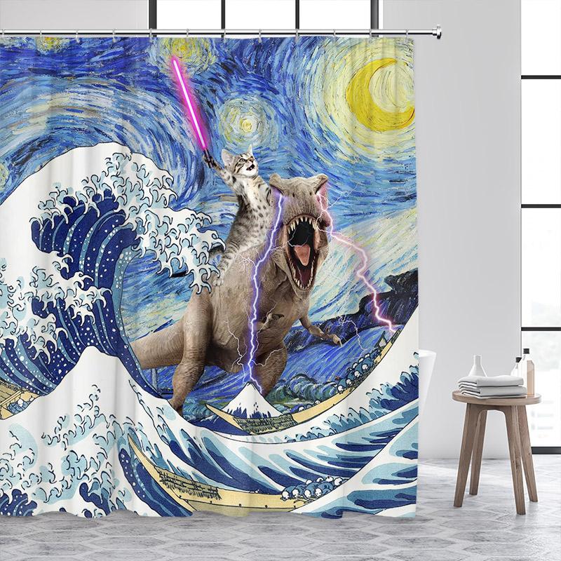 Funny Cat Riding Dinosaur Shower Curtain Cute Animal Surfboard Sea Waves Japanese Landscape Kids Bath Curtains Bathroom Decor