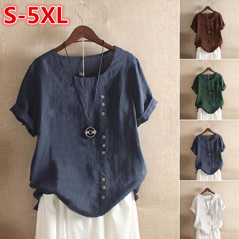 Women Loose Casual Tops Button Linen Daily Boho Tunic T-shirt Short Sleeve Blouse