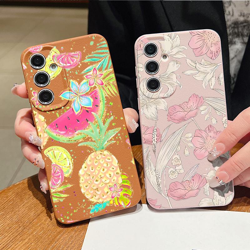 Чехол с принтом «Цветы и фрукты» для Samsung S26 Ultra A57 A37 A17 A18 S25 S24 S23 S22 Ultra S21 FE A15 A35 A55 A16 A36 A56 5G Мягкий чехол с текстурой кожи