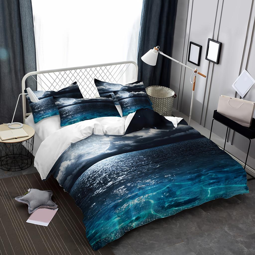 3pcs Polyester Duvet Cover Set 3D Moonlit Landscape Print Bedding Set, Soft Comfortable Duvet Cover