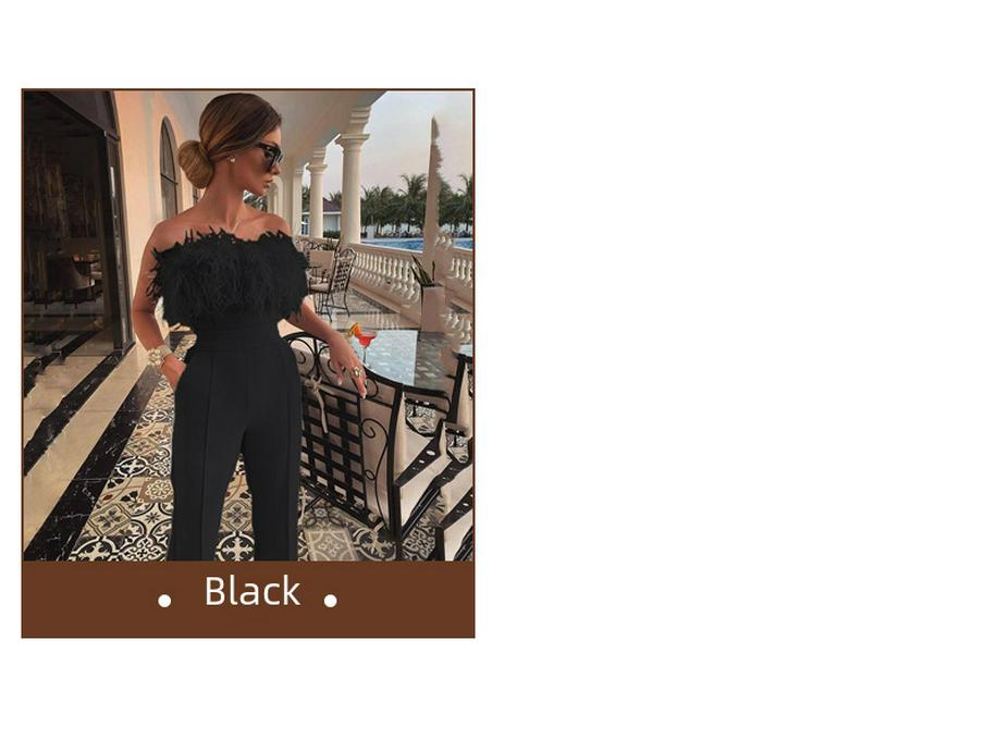 Весна/Лето 2025 Европейский и Американский Женский Комбинезон Бандо с Перьями на Одно Плечо и Открытой Спиной