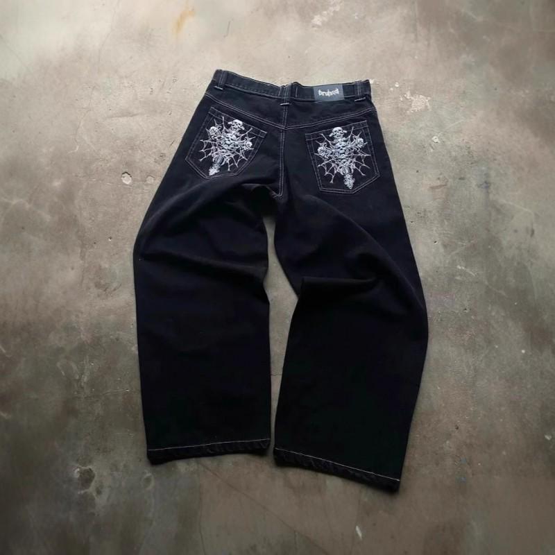 Harajuku Style Skull Embroidered Vintage Washed Straight Cut Baggy Jeans Men High Waist Loose Fit