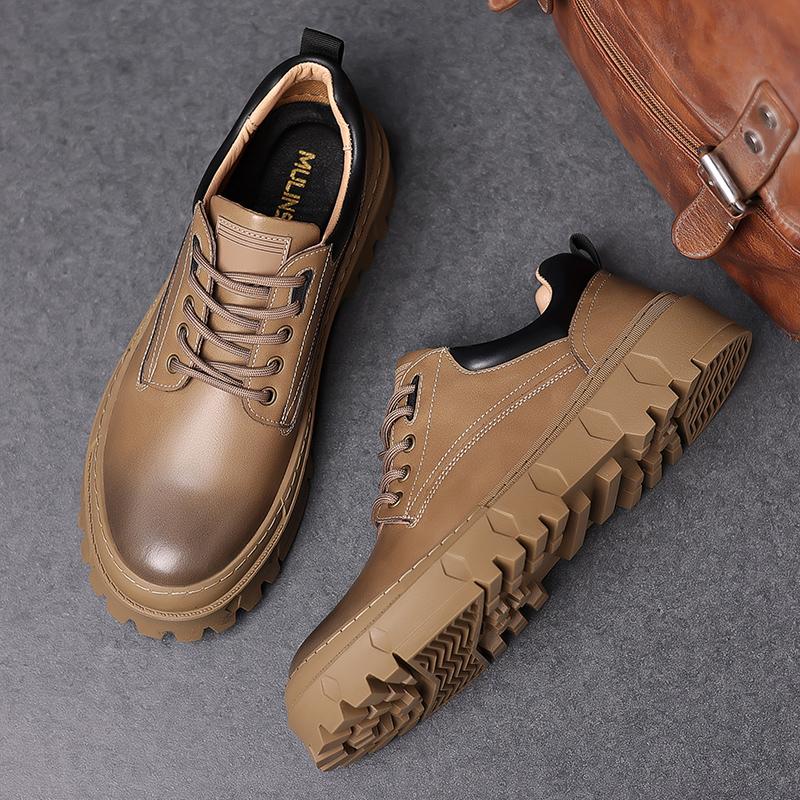 Мужские оксфорды на шнуровке, модная повседневная обувь с круглым носком, толстая подошва, кожаные туфли на плоской подошве, мужские уличные деловые туфли