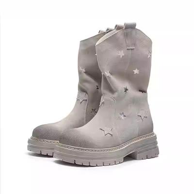 Женские туфли на платформе в стиле ретро с круглым носком и толстым каблуком. Ботинки в стиле вестерн из веганской замши с полым дизайном и заклепками. Ковбойские сапоги.