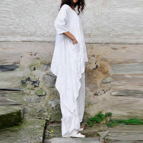 Женский комплект из двух предметов из хлопка и льна, повседневные однотонные рубашки с рукавами 3/4, широкие брюки, костюм для свободной посадки, летняя одежда