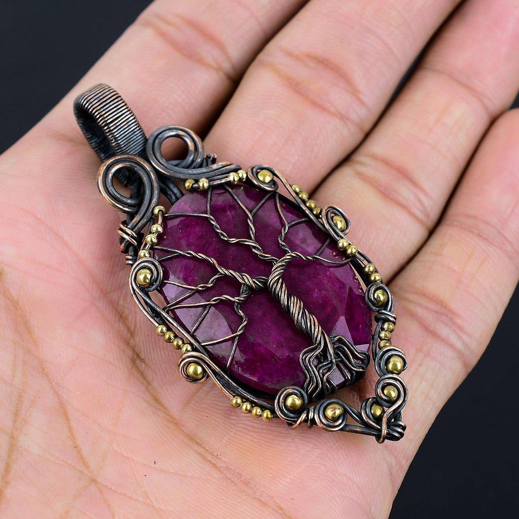 Красивое Древо Жизни Красный Рубин Драгоценный Камень Чистая Медная Проволока Обернутая Подвеска Ручной Работы Ювелирные Изделия