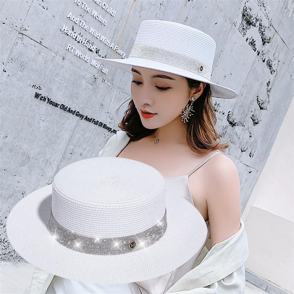 Rhinestone flat top straw hat m standard hat women's beach travel hat fashion wide brim versatile sun protection flat brim straw hat