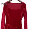 Women Dress Square Neck Pleated A-line Long Sleeves Pleated Slim Waist Velvet Mini Dress Prom Banquet Party Short Dress Fall Spring Princess Dress