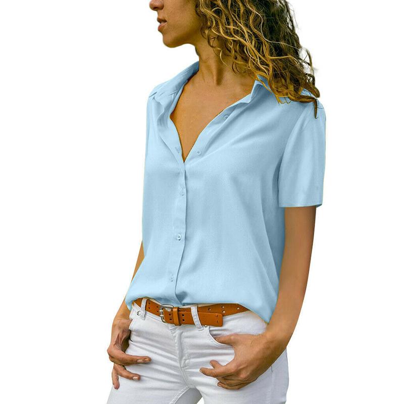 Women V Neck Tops Solid Blouse Short Sleeve Fashion Tees Loose Summer
