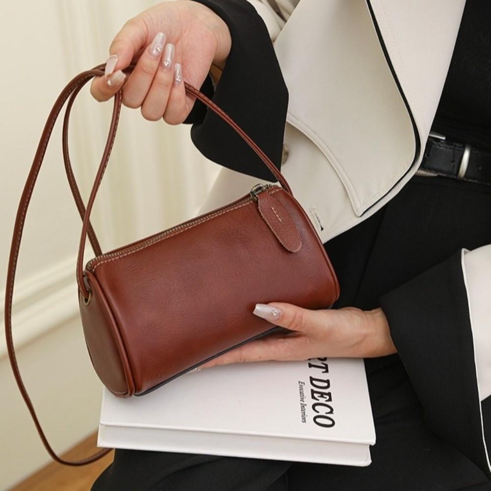 Vintage PU Leather Handbag Leather Shoulder Bag Fashion Small Cylinder Crossbody Bag Casual Wear