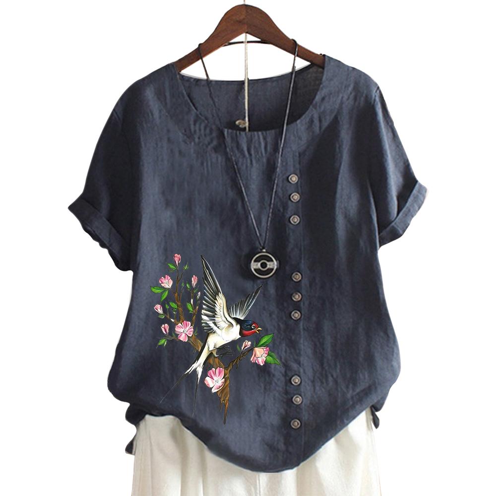 Ladies' Round Neck Short Sleeve Top with 11 Colorful Floral Designs