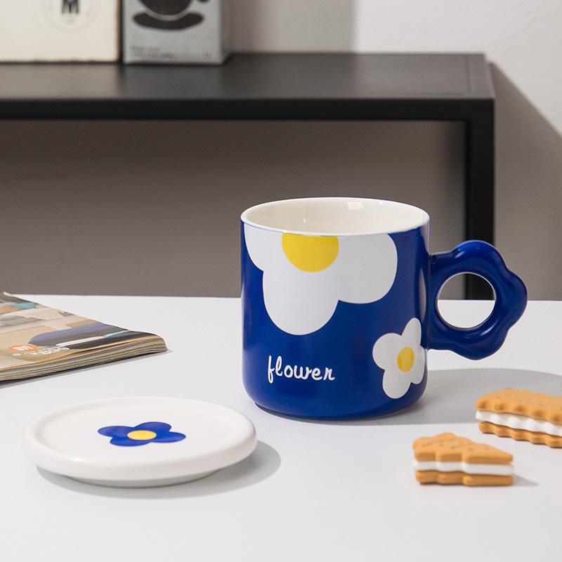 Летняя керамическая чашка с цветком, милая кружка с крышкой, парная чашка для воды, женская чашка, дизайн, кофейная чашка в стиле Sense Ins