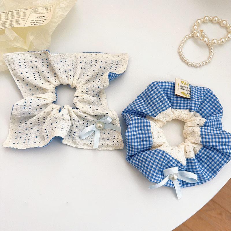 1pc Ballet-style Blue Checkered Bow Hair Tie, Square Scarf Hair Flower, Fresh Forest-style Hair Rope, New Lace Hair Accessories