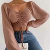 Summer New V-neck Chiffon Drawstring Lantern Sleeve Tight Fashion Sexy Shirt Top