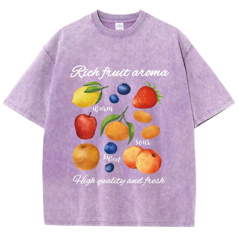 benber vintage Womans Washed T-Shirts Rich Fruit Aroma Printing Short Sleeve Cotton Crewneck Oversize Tops Vintage Female Clothes