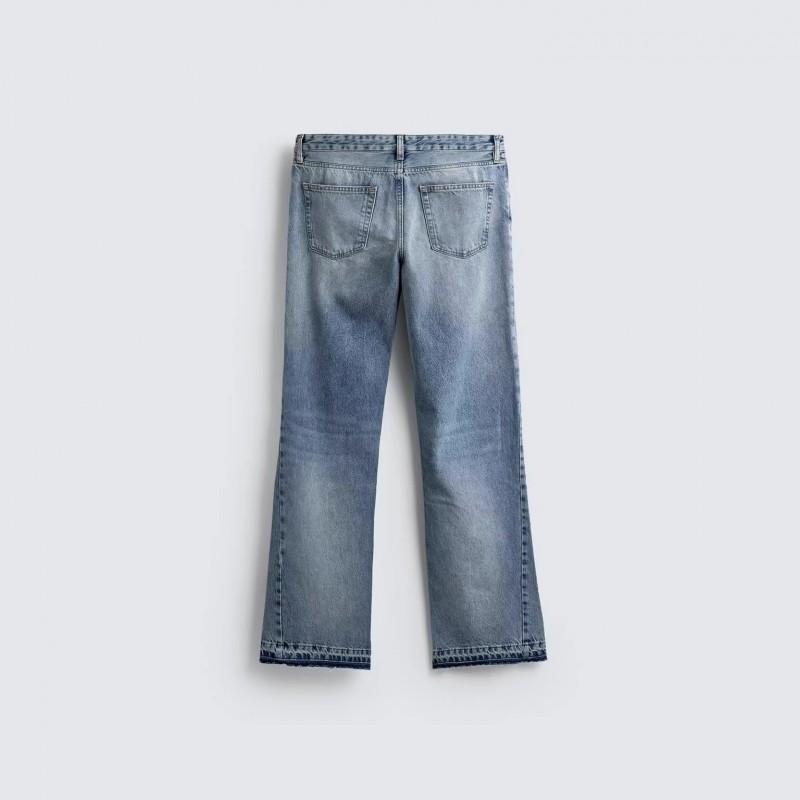 Mens Distressed Washed Denim Jeans Mid-Rise Slim Fit Irregular Hem Straight Leg Pants Fall Casual Wear