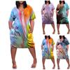 2022 Women's Summer Plus Size V Neck Short Sleeve Knee Pocket Bohemian Print Casual Dress