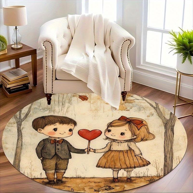 Cartoon boy and girl with love Flannel-printed round floor mats are slip-resistant Suitable living room terrace garden carpets
