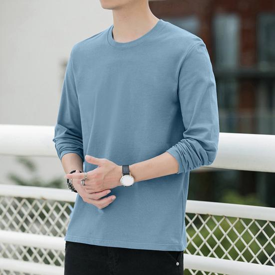 Men Tops Round Neck Long Sleeve Autumn Tops Solid Color