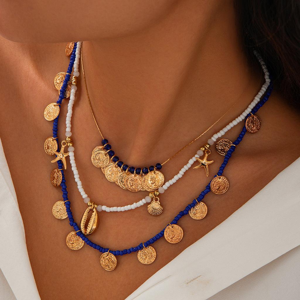 Literary and Retro-style Portrait, Coin Necklace, Unique Ethnic and Exotic Multi-layer Rice Bead Necklace