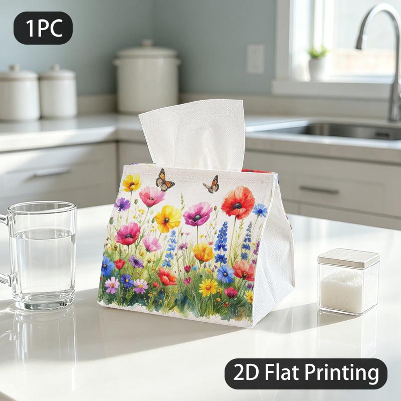 1pc Tissue Box, Watercolor Wildflowers Butterflies Joyful Natural Pattern, 2D Flat Printing, Serves Multiple Purposes, Can Be Washed, Tissue Organizer
