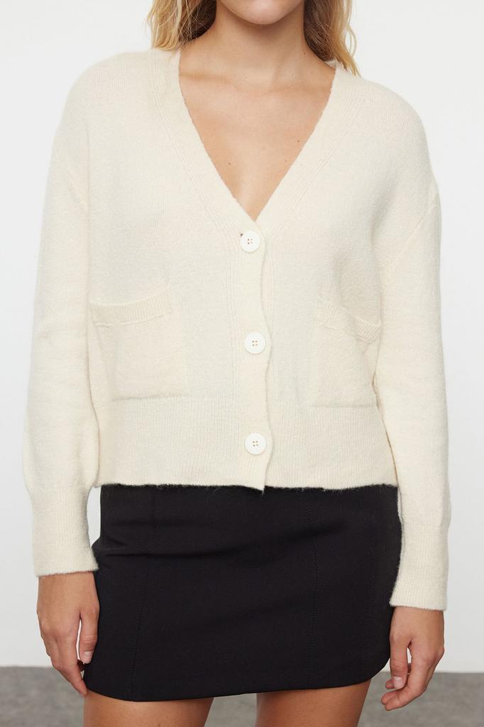 Women's Fashion Stylish Cardigan Ecru Wool Basic Crop Knitwear Cardigan