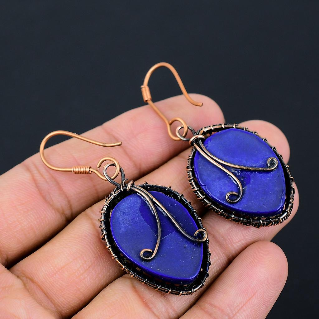 Natural Blue Cameo Face Gemstone Handmade Copper Wire Wrap Earring 2.44 b4O70
