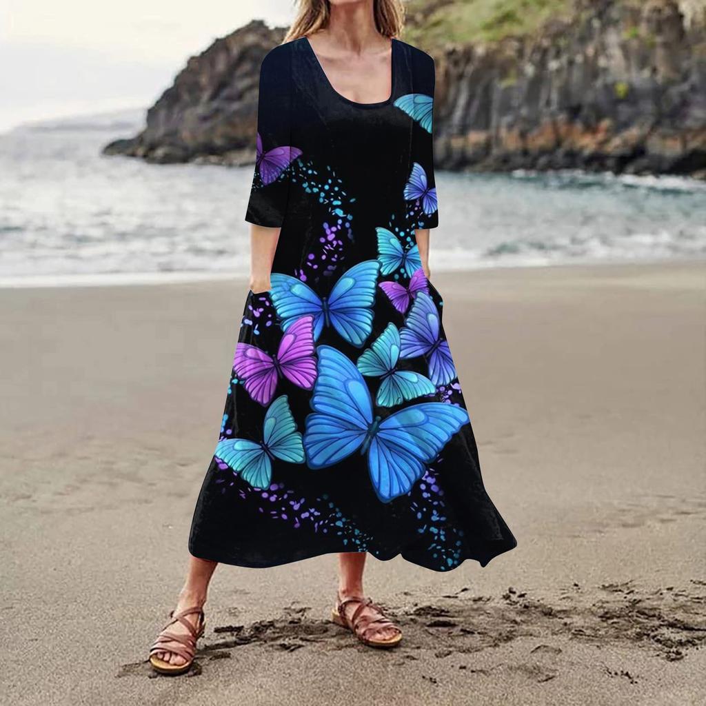 Летнее платье для женщин, повседневное удобное модное платье с карманом и рукавами 3/4 с принтом