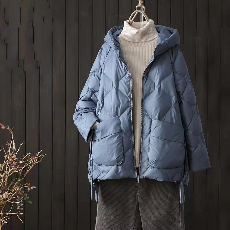 Winter Women White Duck Down Coat Casual Loose Light Down Outwear Hooded Zipper Puffer Parka Jacket