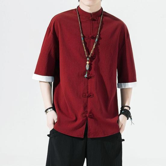 Мужская рубашка в китайском стиле, однотонный ледяной шелк, однобортный однобортный кардиган средней длины с короткими рукавами, топ, костюм Ханфу