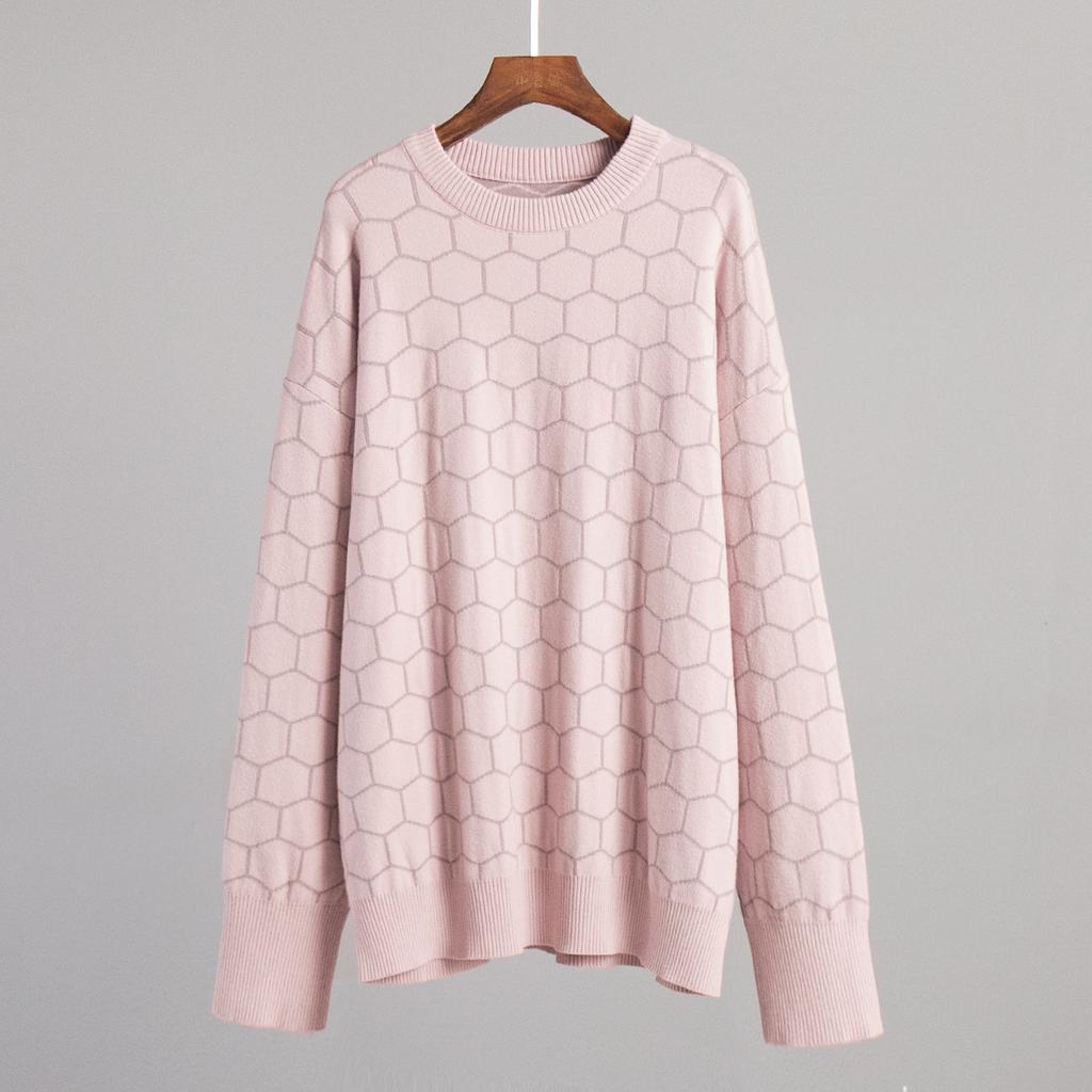 Women's Crew-neck Bee Print Loose-fitting Plaid Pullover Sweater