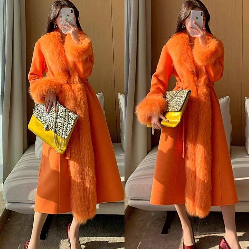 Новый утолщенный шерстяной меховой воротник кашемировое новое пальто из искусственной норки пальто из искусственной кожи длинное пальто знаменитости