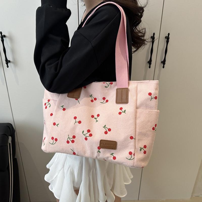 Вельветовая сумка-тоут Милая сумка с нашивкой в виде вишни для женщин Тканевая сумка-тоут большой вместимости Сумка на плечо Повседневные сумки под мышкой CLE