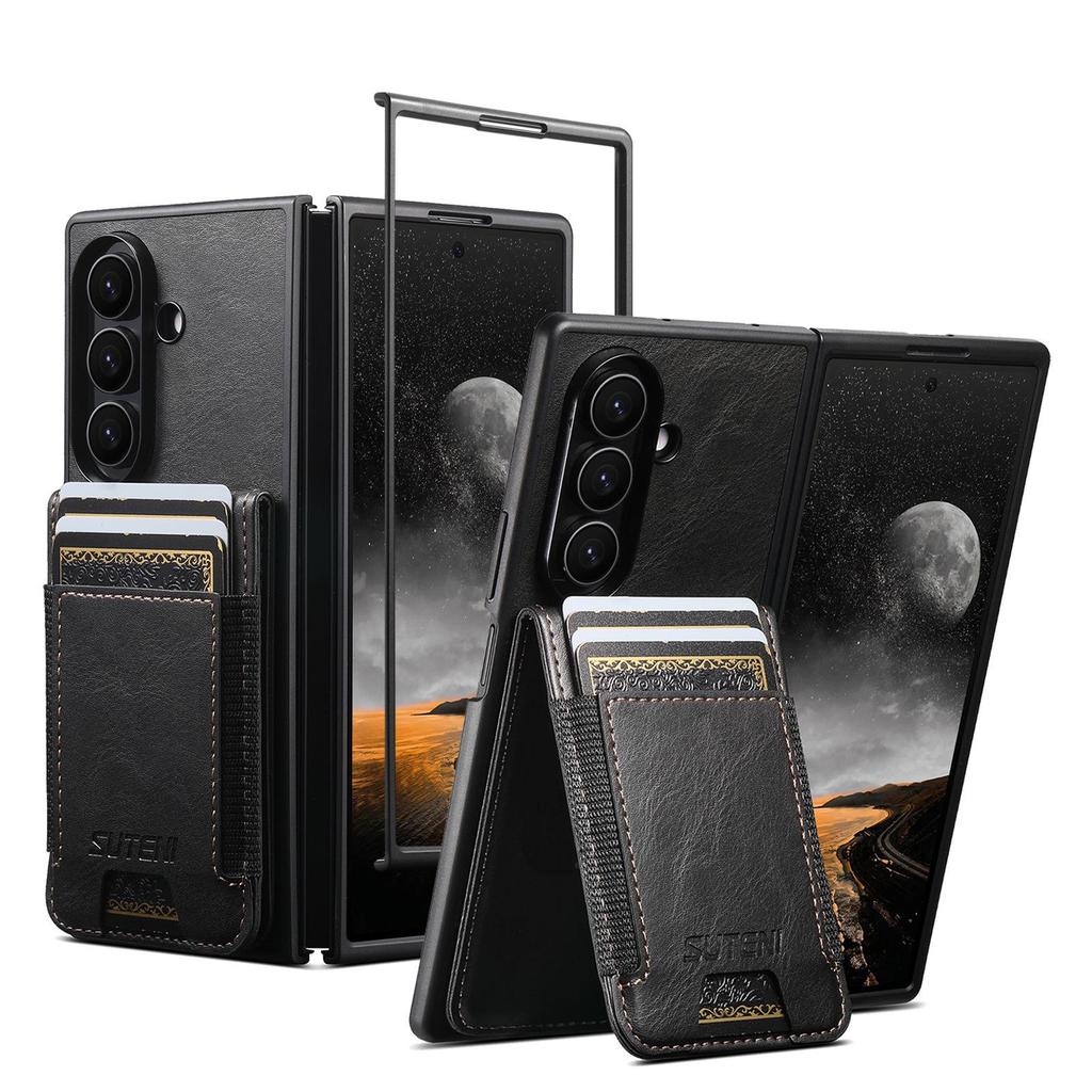 SUTENI Leather Case for Samsung Z Fold 5/6/7: Oil Wax Texture, Card Slot, Elastic Band, Stand Function.