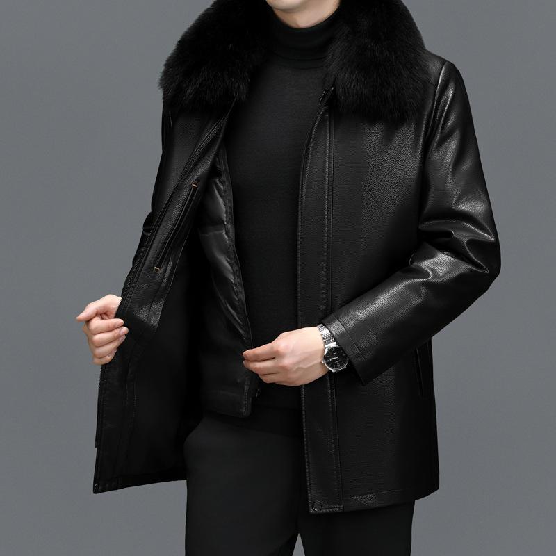 Down Jacket Winter Plus Size Men's Mid-length Thickened Sheepskin Leather Down Jacket Leather Jacket Leather Jacket Middle-aged and Elderly